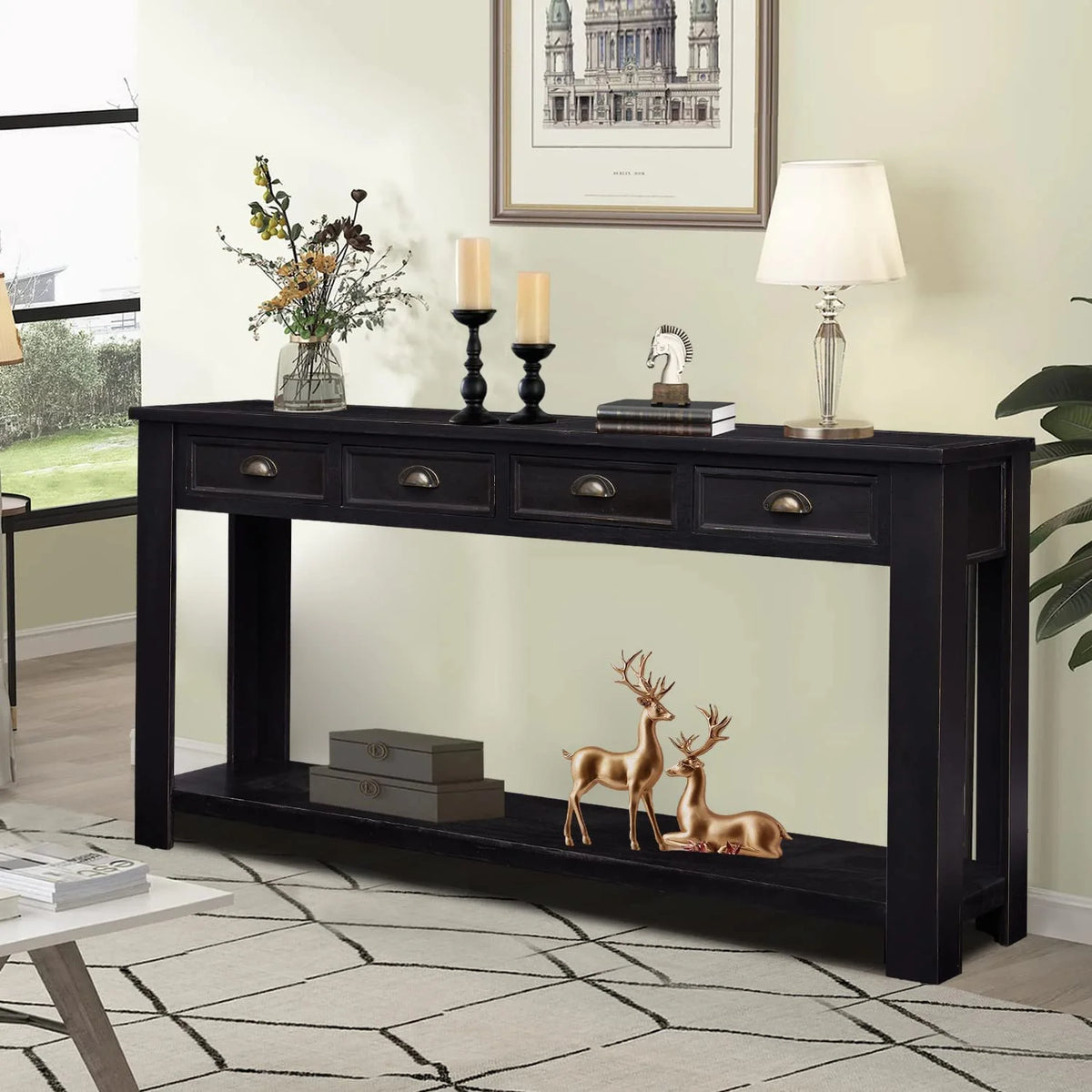 Black 60” Long Console Table with 4 Drawers & Storage Shelf S828302