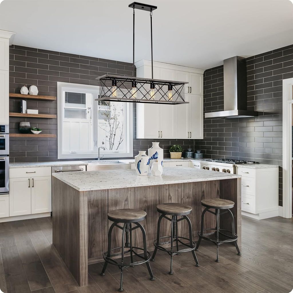 Gray Oak Wood Style Black Finish 4-Light Kitchen Island Light S363