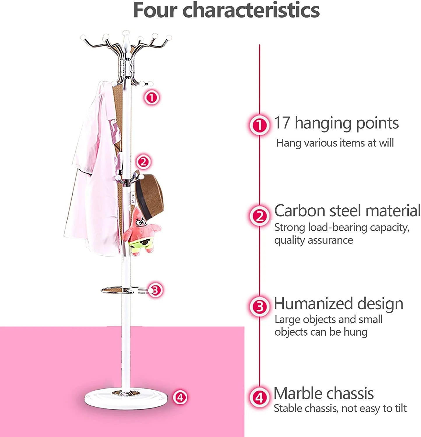 Metal Coat Tree with 16 Hooks and Marble Base N95365