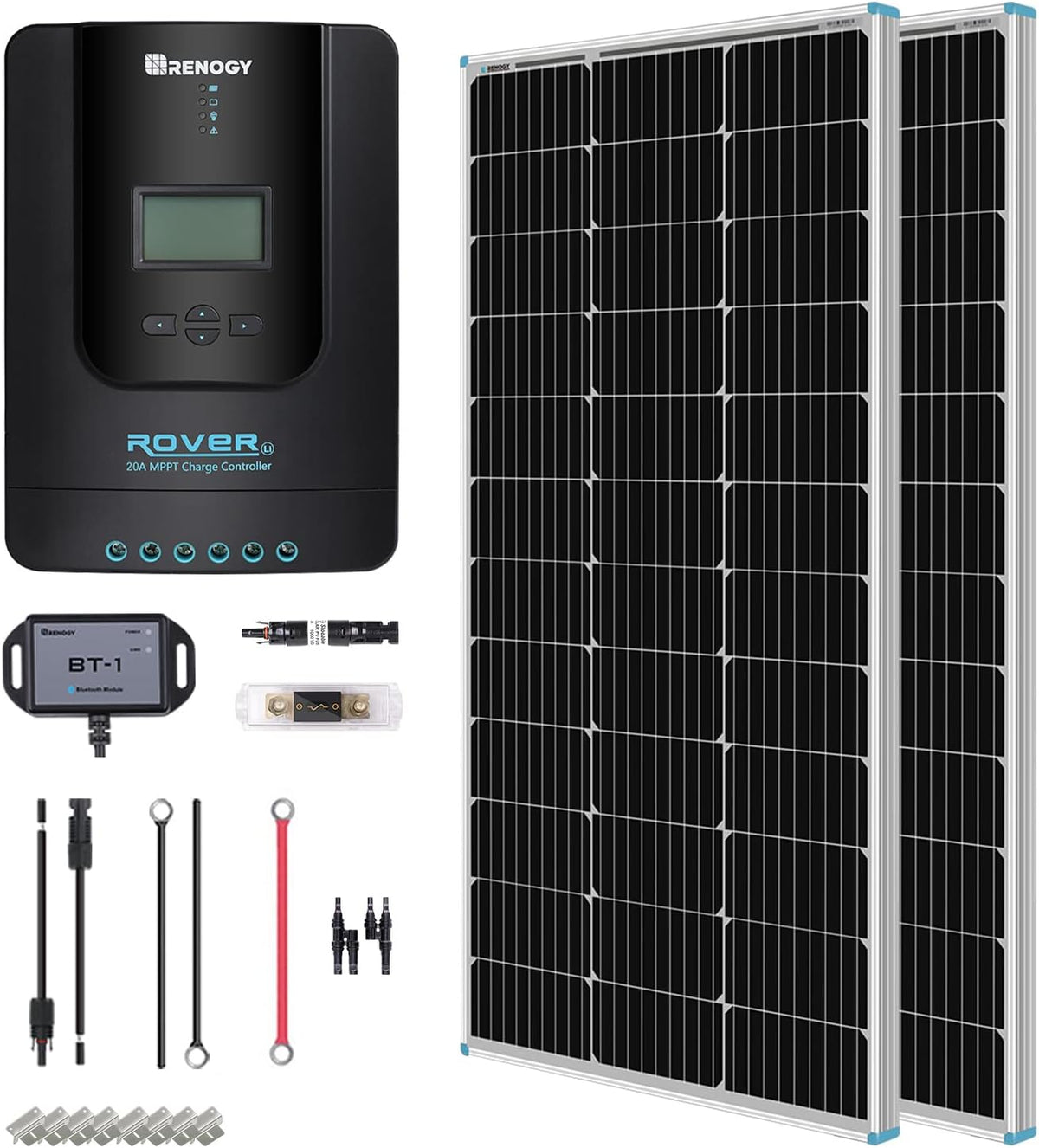 200 Watt 12 Volt Monocrystalline Panel 20A MPPT Charge Controller Bluetooth Mounting Z Brackets Adaptor Kit Tray Cables Set Y996549