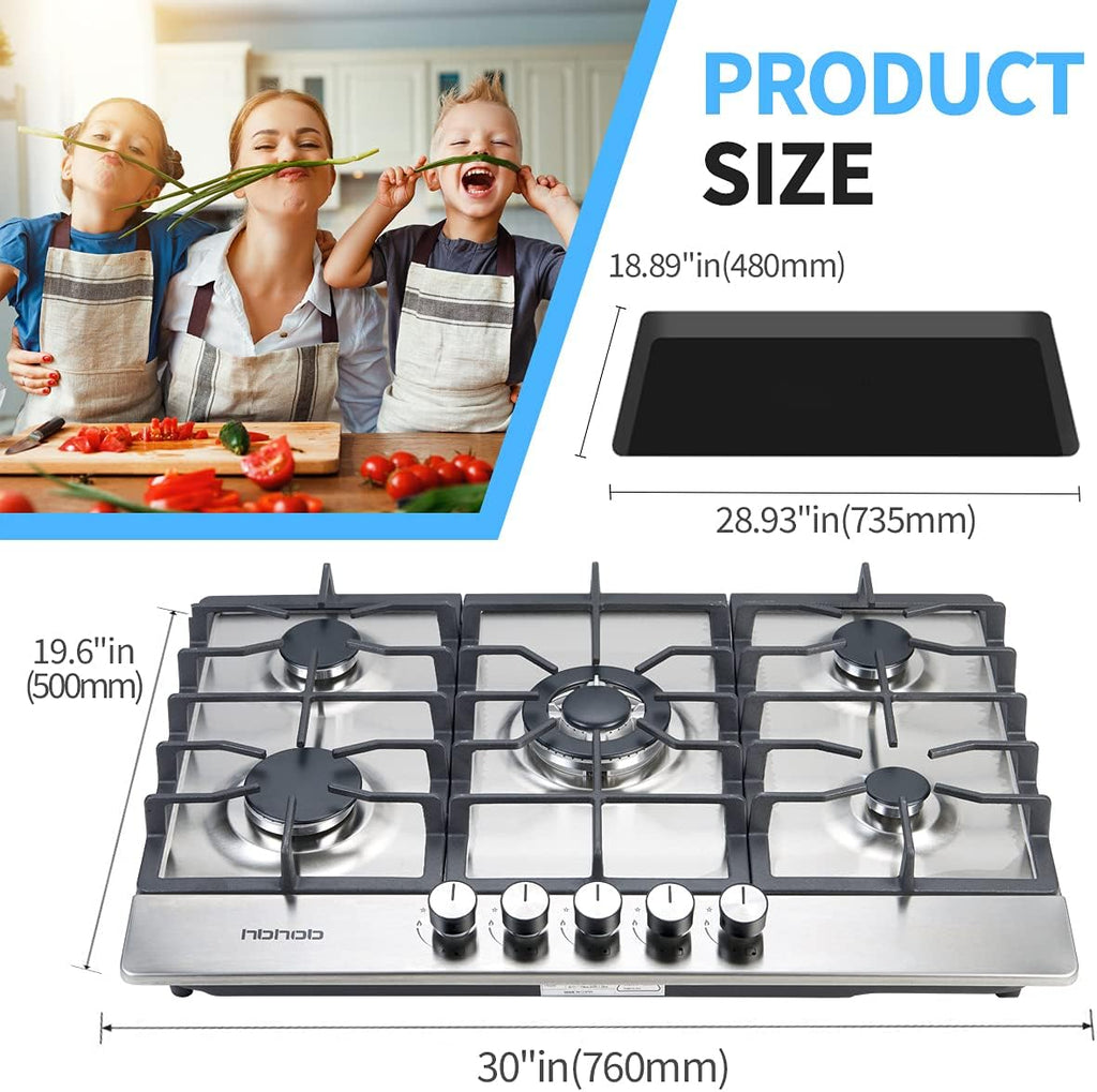 30 Inches 5 Burners Stainless Steel Gas Cooktop with Cast Iron Grates E3383