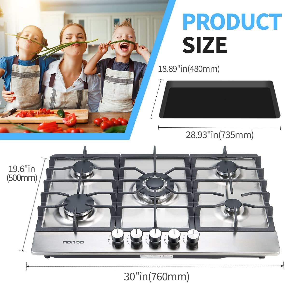 30 Inches 5 Burners Stainless Steel Gas Cooktop with Cast Iron Grates E3383