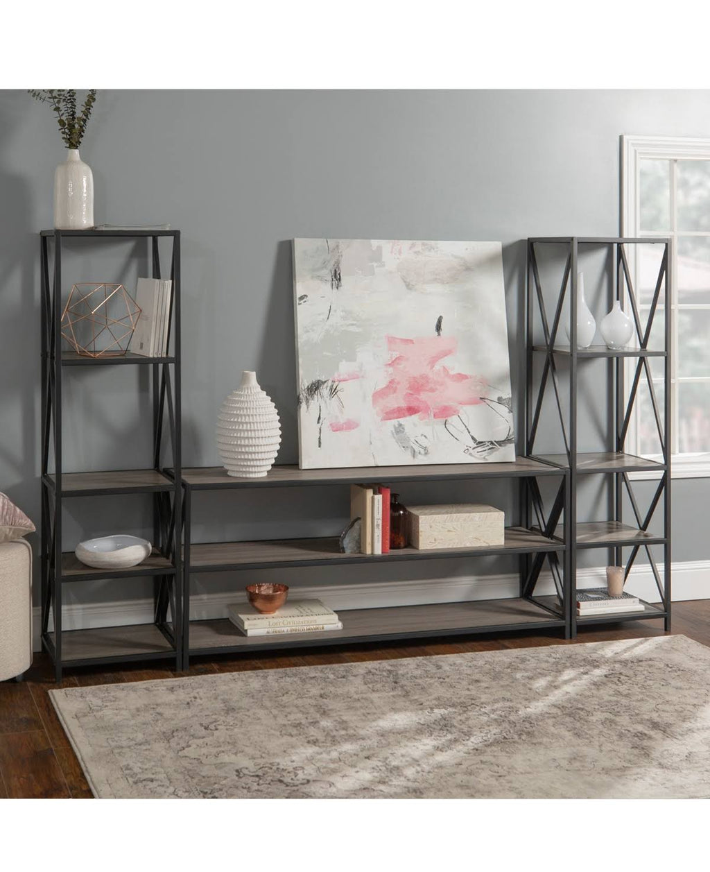 3 Piece Industrial Bookcase Set Light Gray J796948