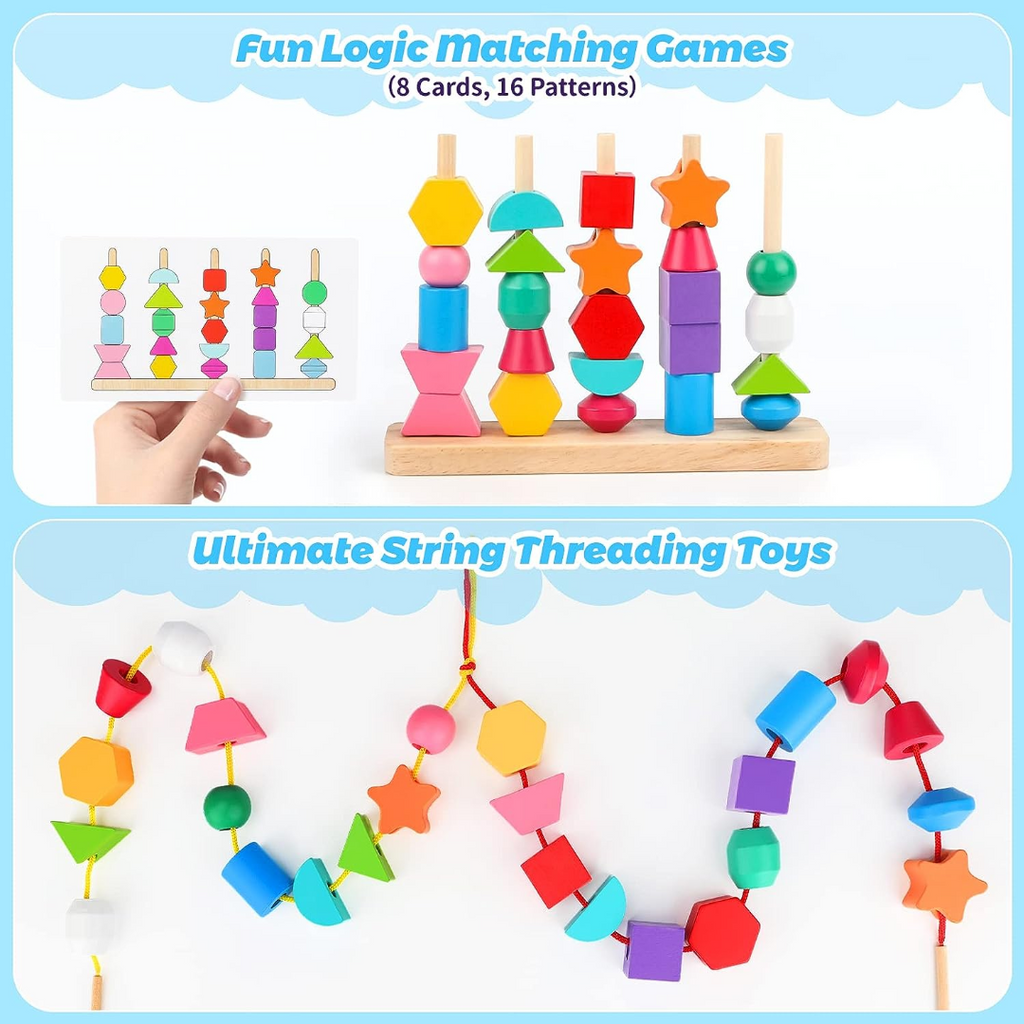 Wooden Bead Sequencing Toy Set Stacking Blocks Lacing Beads Matching Shape Colors Stacker Montessori Toys W17456