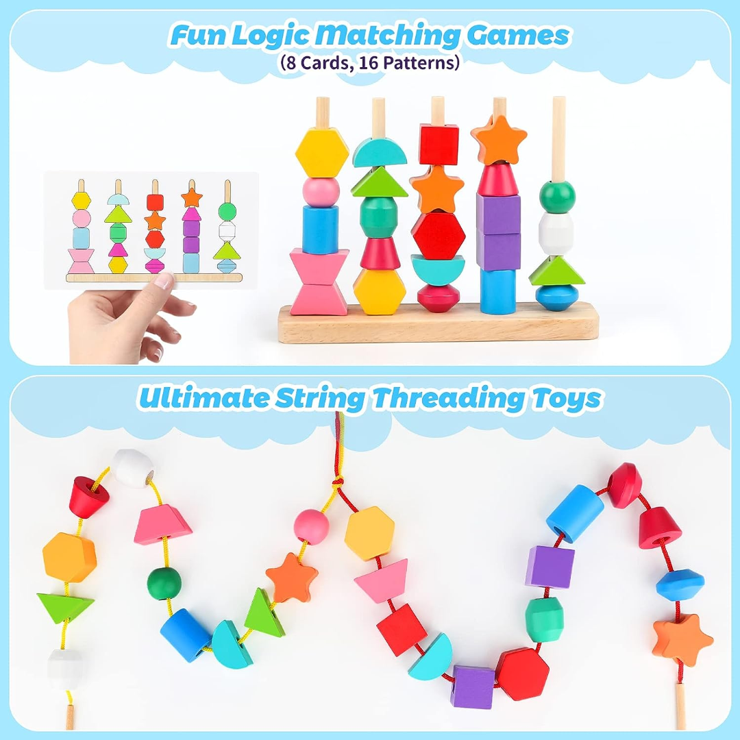 Wooden Bead Sequencing Toy Set Stacking Blocks Lacing Beads Matching Shape Colors Stacker Montessori Toys W17456