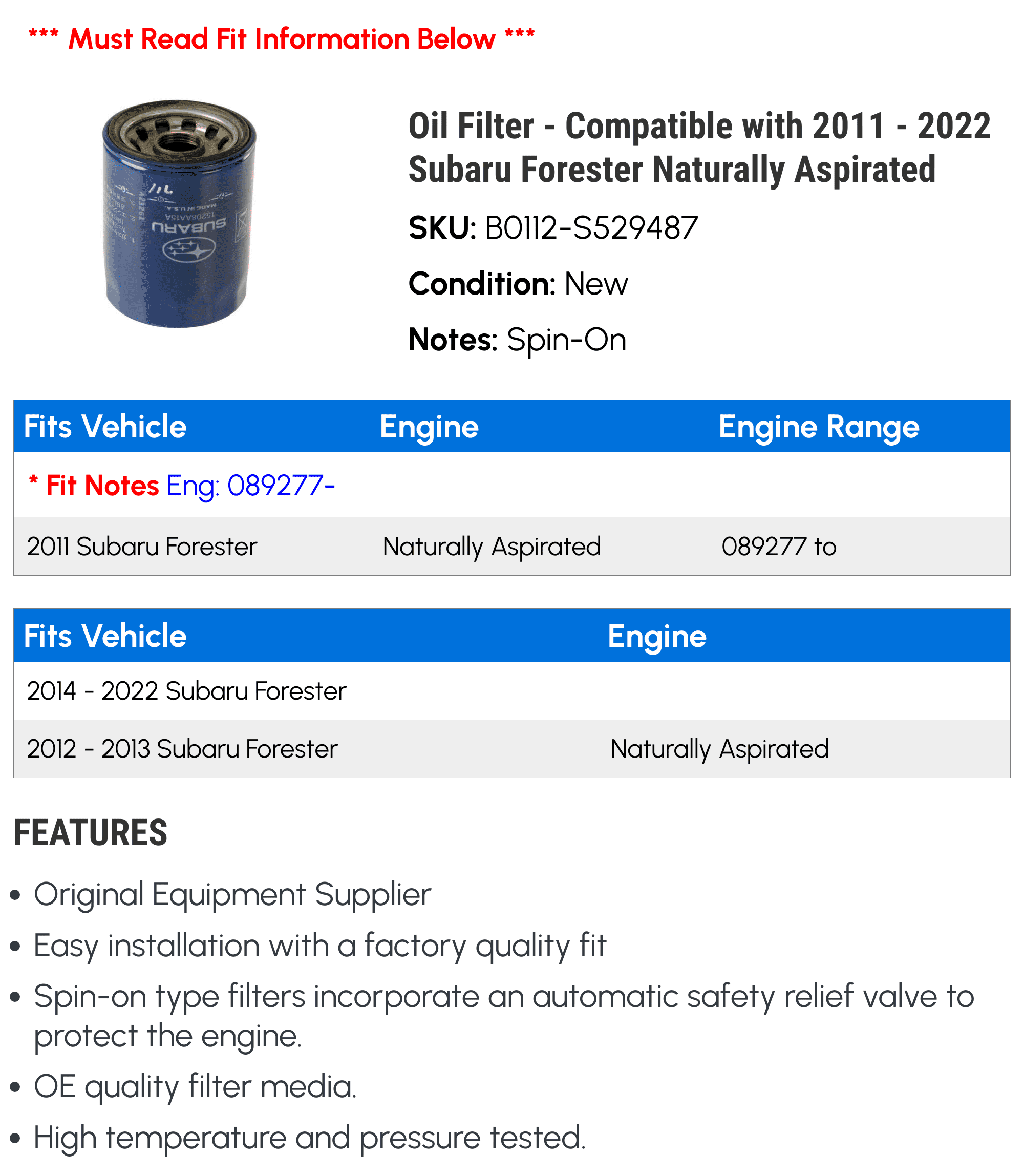 Compatible with 2011-2022 Subaru Forester Naturally Aspirated Filter E871