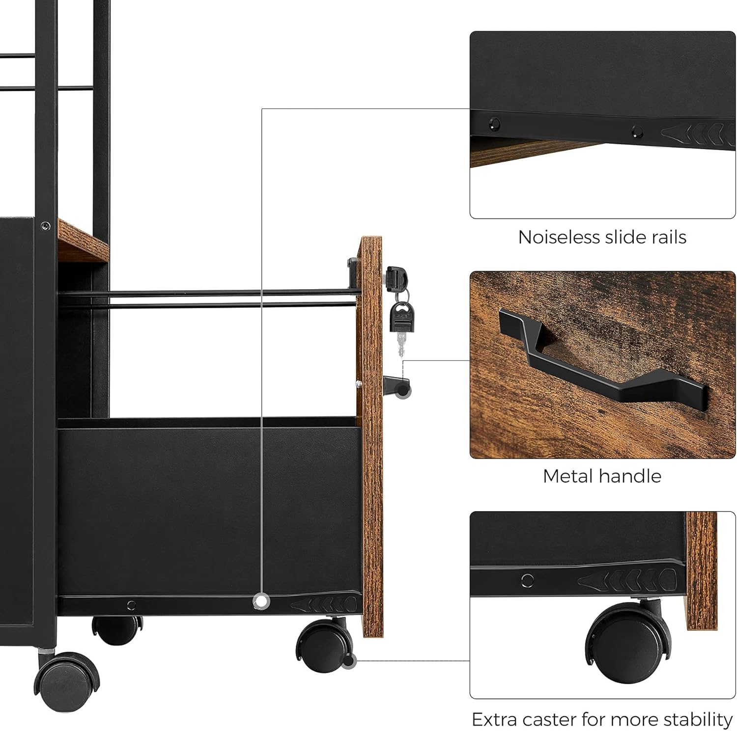 Rustic Brown and Black Rolling File Cabinet with Drawer and Lock Z331024