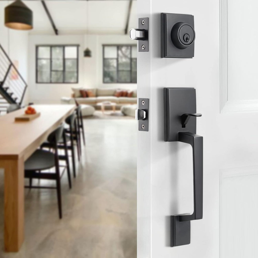 Matte Black Front Door Handle Set with Lock, Pack of 2 V4985