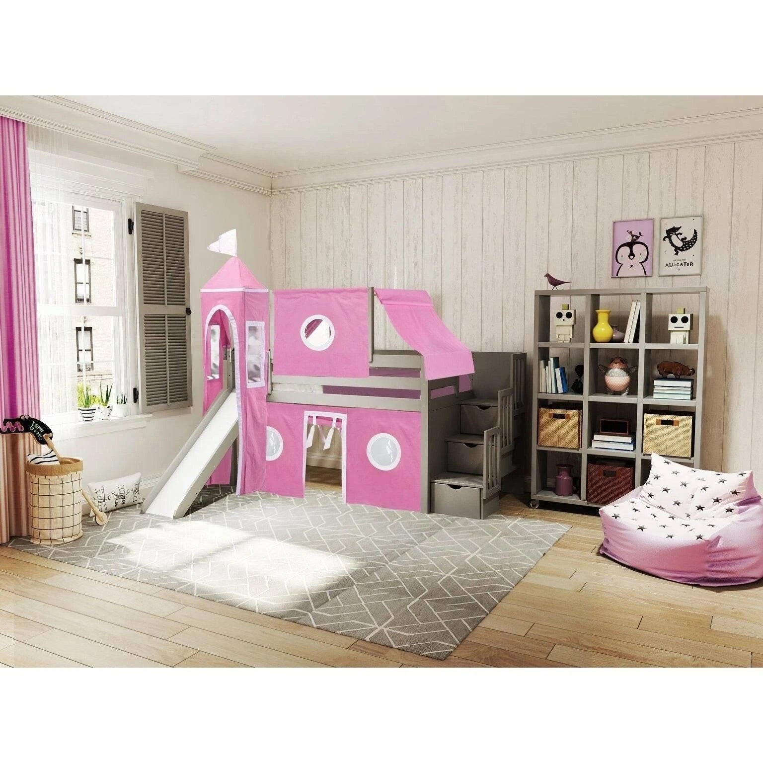 Pink & White Twin Loft Bed with Slide and Tent D535891