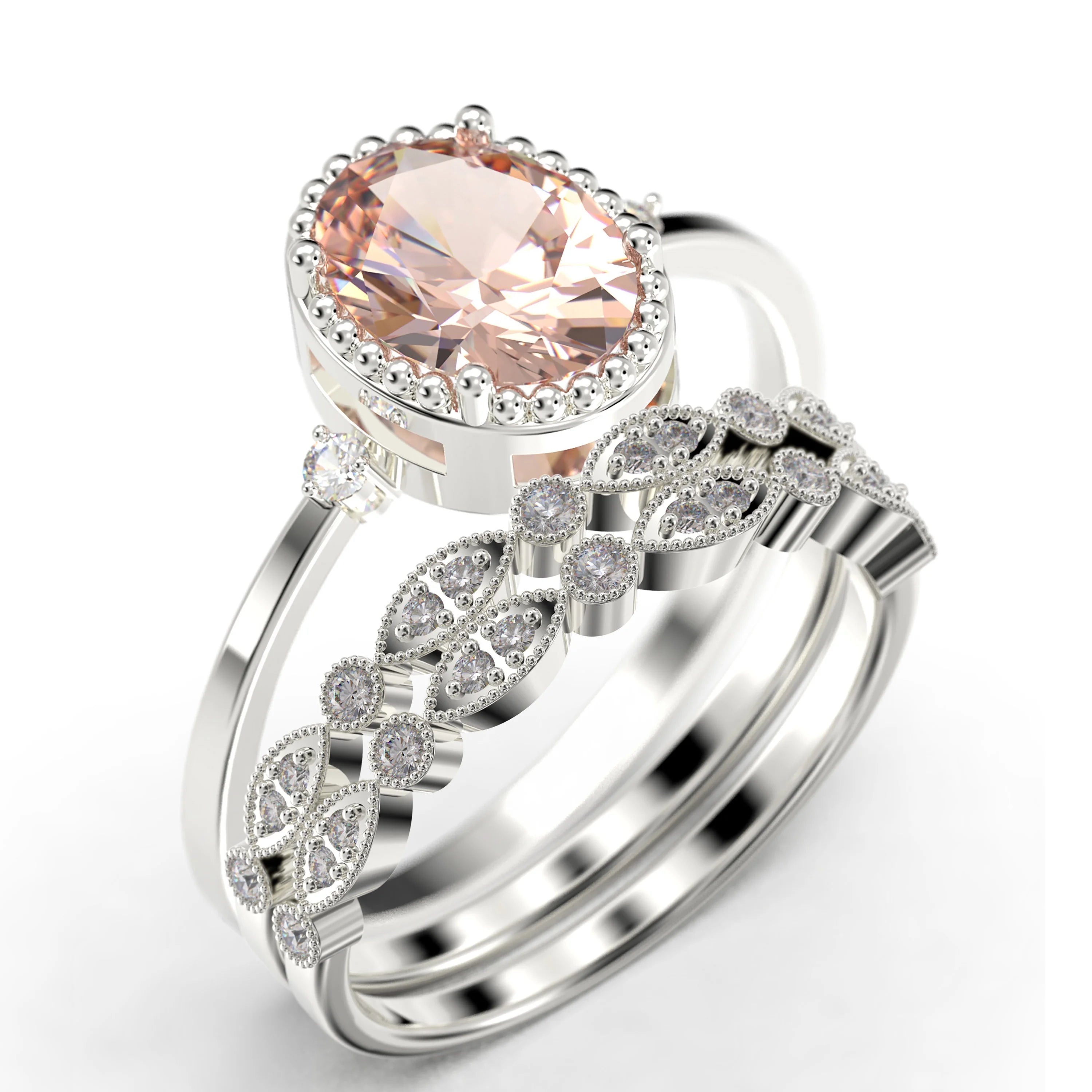 2.35 Carat Oval Cut Morganite And Diamond Moissanite Engagement Ring In 925 Sterling Silver With 18k White Gold Plating L6027