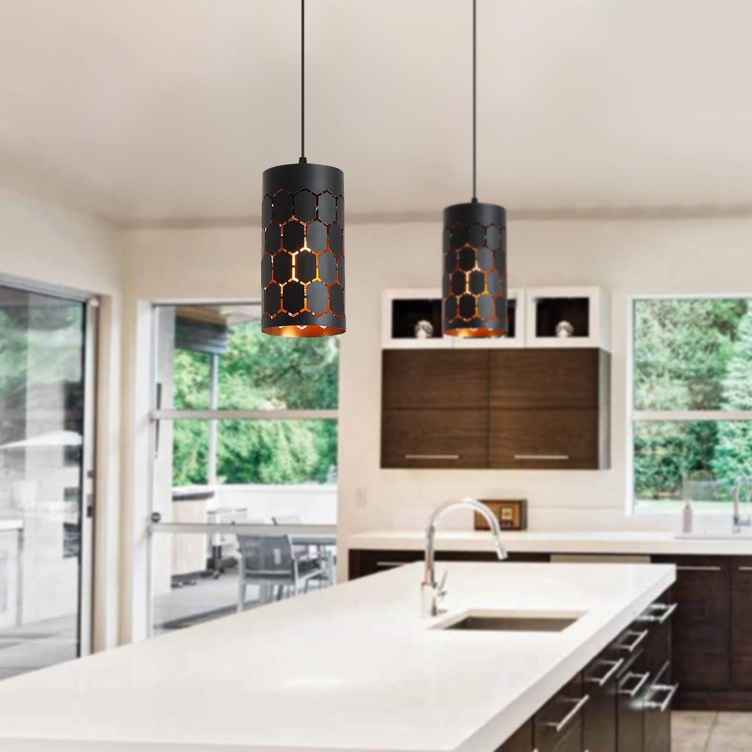 3-Light Kitchen Island Pendant Light Fixture, Gold Inner and Black U73419