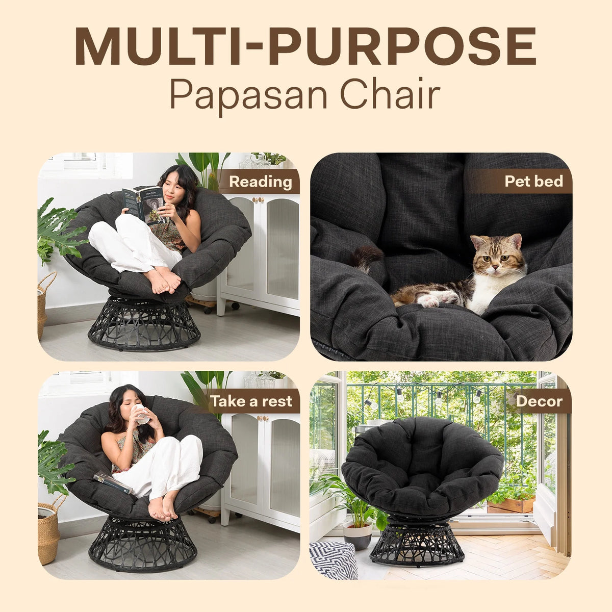Black Papasan Chair with Steel Frame W774294