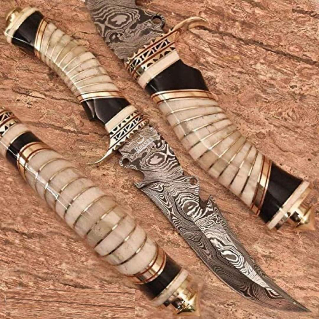 Damascus Steel Bowie Knife with Camel Bone Handle L9492