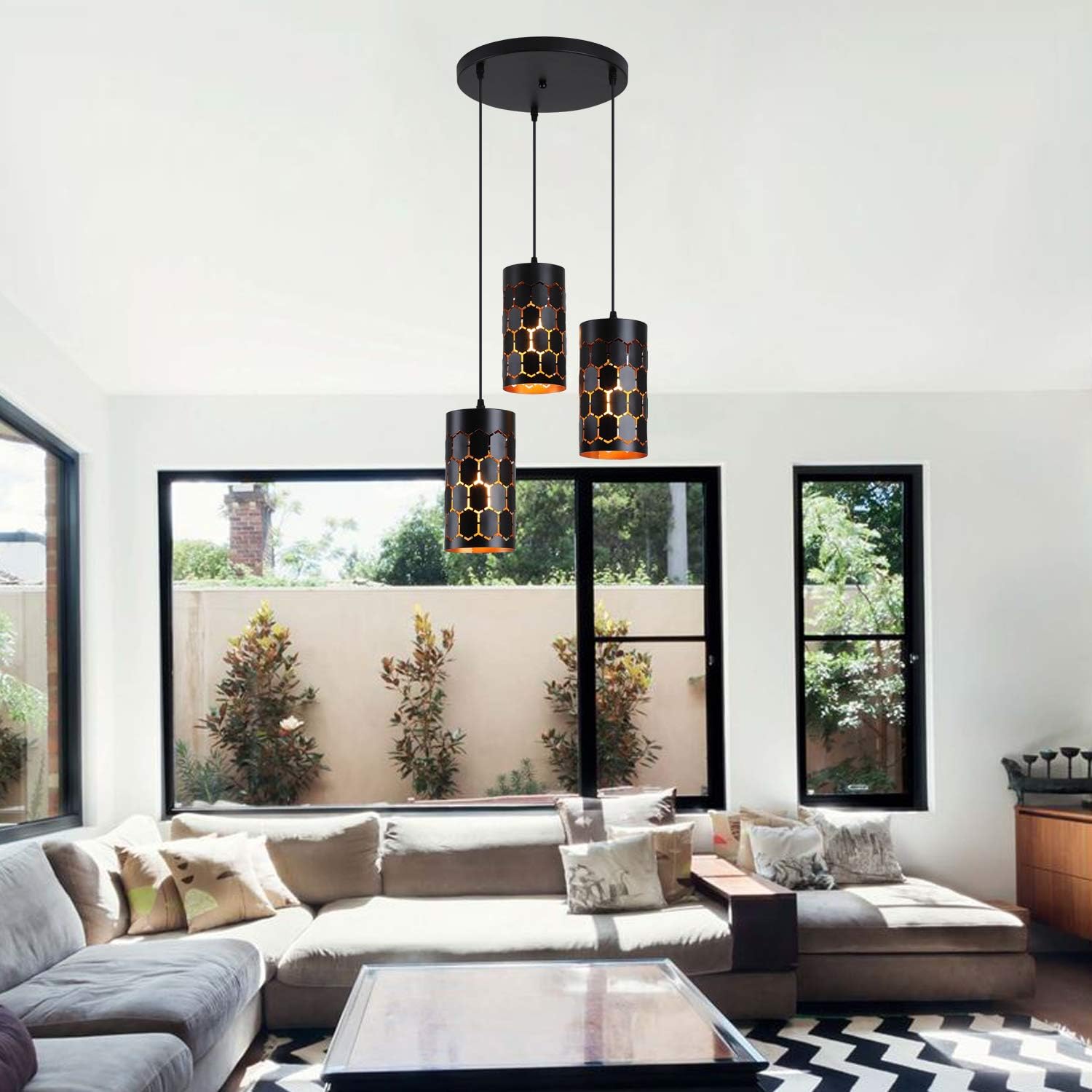 3-Light Kitchen Island Pendant Light Fixture, Gold Inner and Black U73419