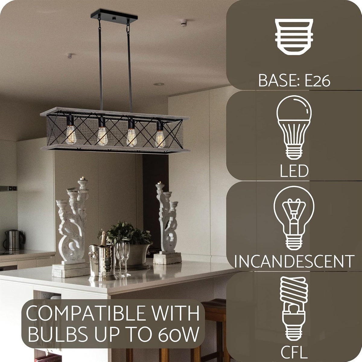 Gray Oak Wood Style Black Finish 4-Light Kitchen Island Light S363