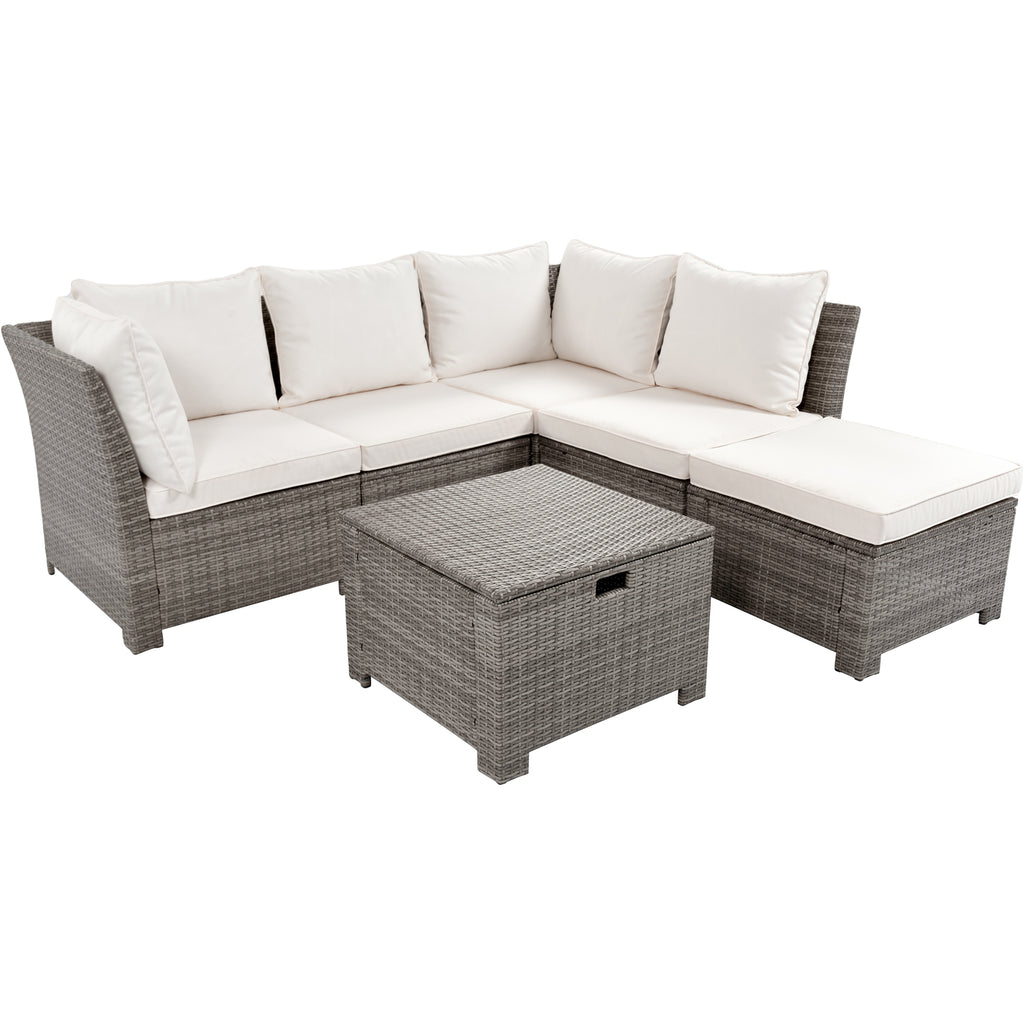 Beige 6-Piece PE Wicker Rattan Outdoor Sofa Set with Storage Table Y62626