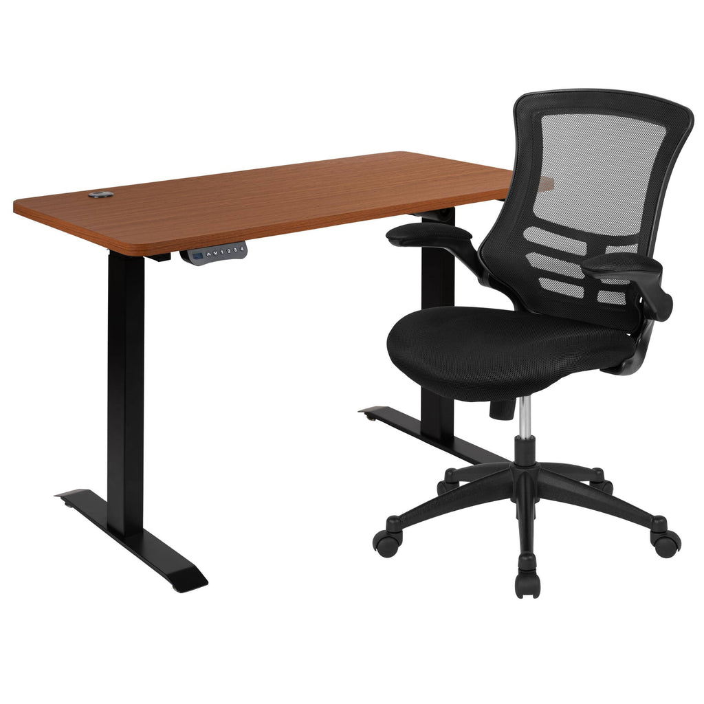 Mahogany Electric Height Adjustable Stand Up Desk with Black Mesh Swivel Ergonomic Task Office Chair O696