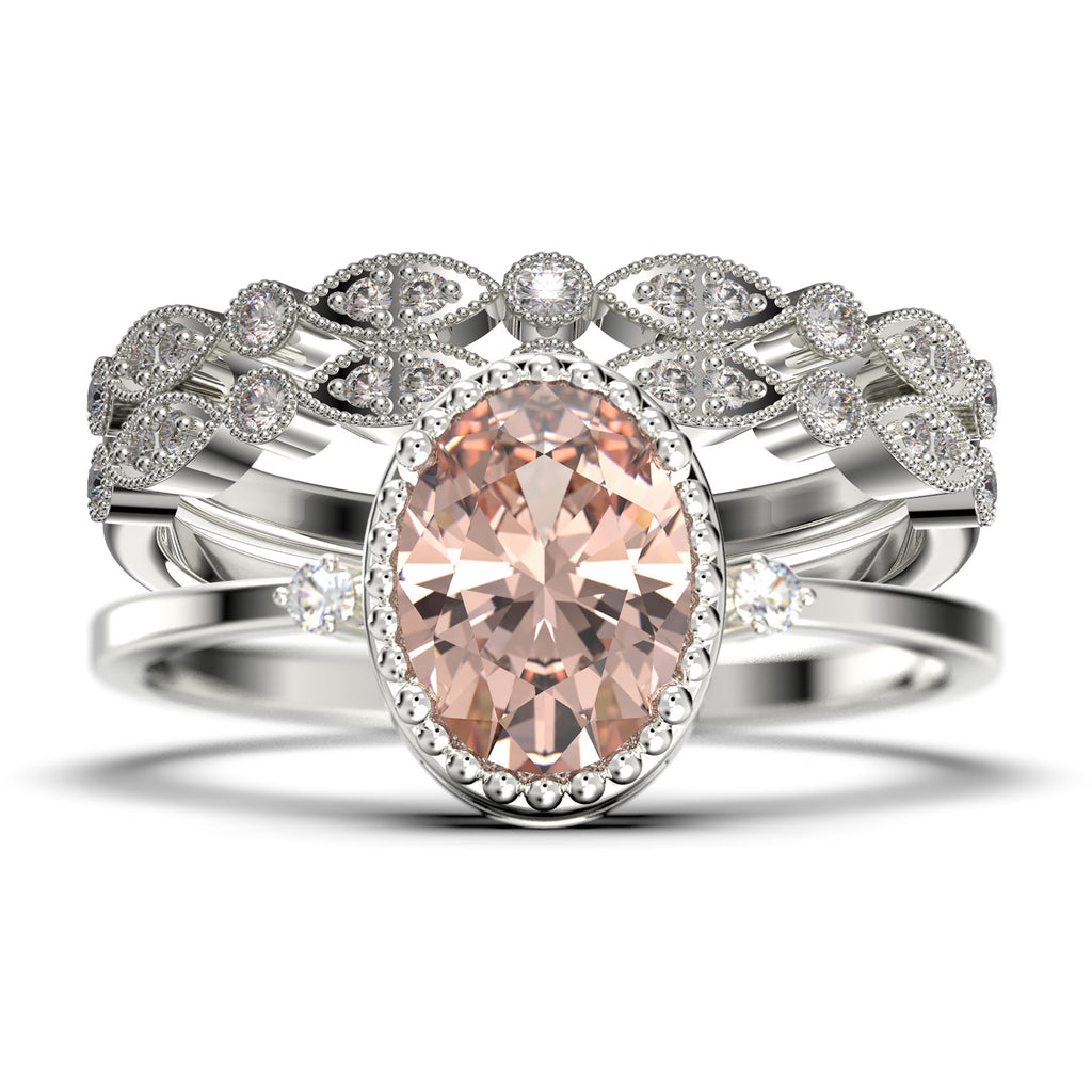 2.35 Carat Oval Cut Morganite And Diamond Moissanite Engagement Ring In 925 Sterling Silver With 18k White Gold Plating L6027