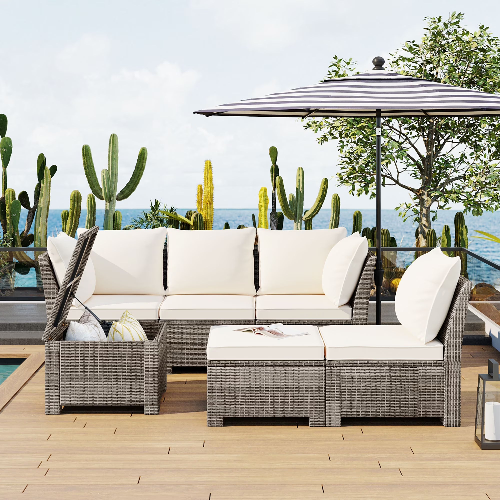 Beige 6-Piece PE Wicker Rattan Outdoor Sofa Set with Storage Table Y62626