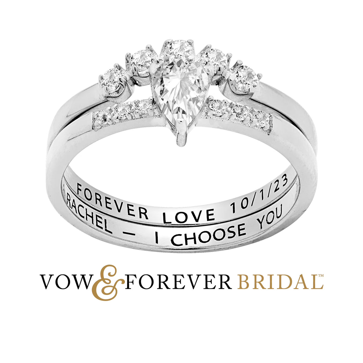 Pear White Topaz 2 Piece Engraved Wedding Set Z8931