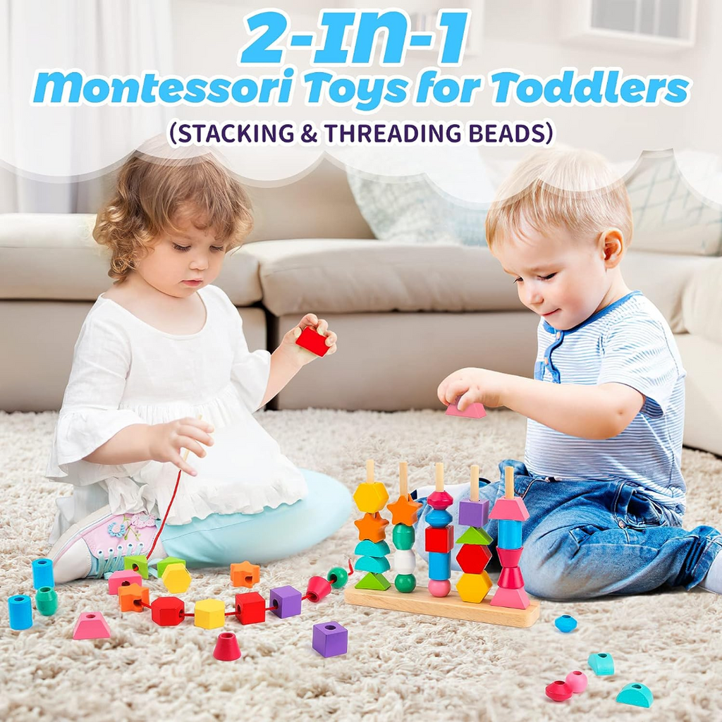 Wooden Bead Sequencing Toy Set Stacking Blocks Lacing Beads Matching Shape Colors Stacker Montessori Toys W17456