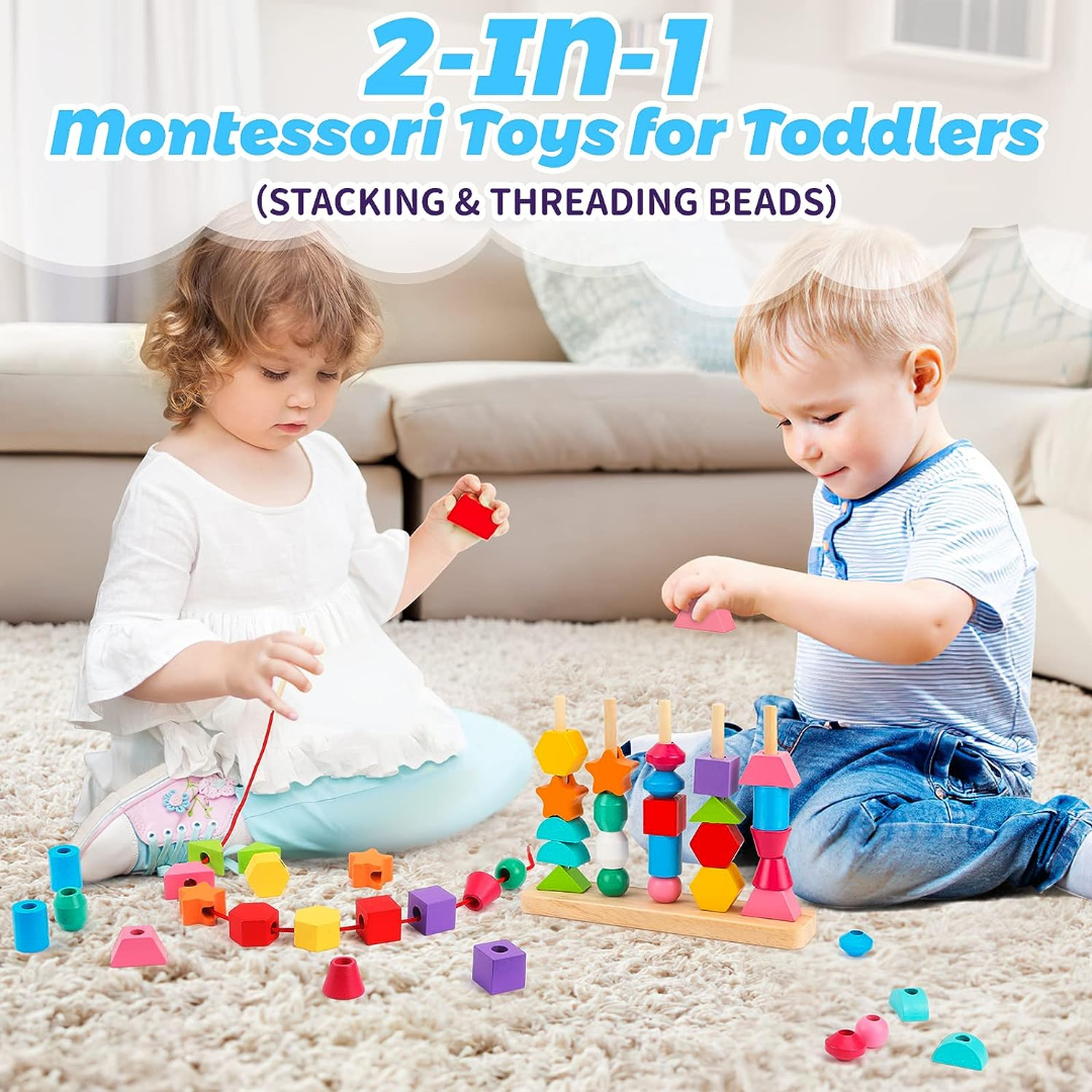 Wooden Bead Sequencing Toy Set Stacking Blocks Lacing Beads Matching Shape Colors Stacker Montessori Toys W17456