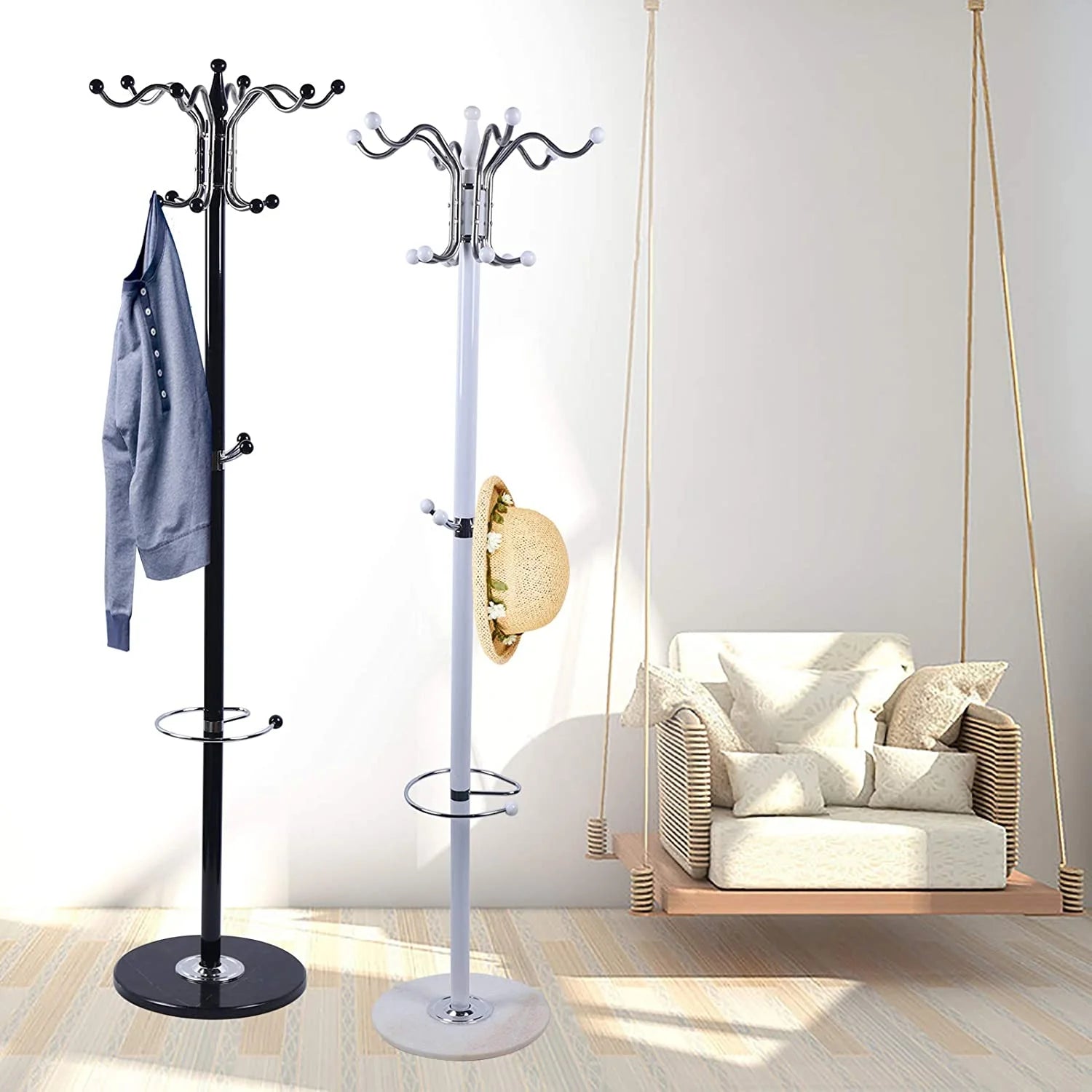 Metal Coat Tree with 16 Hooks and Marble Base N95365
