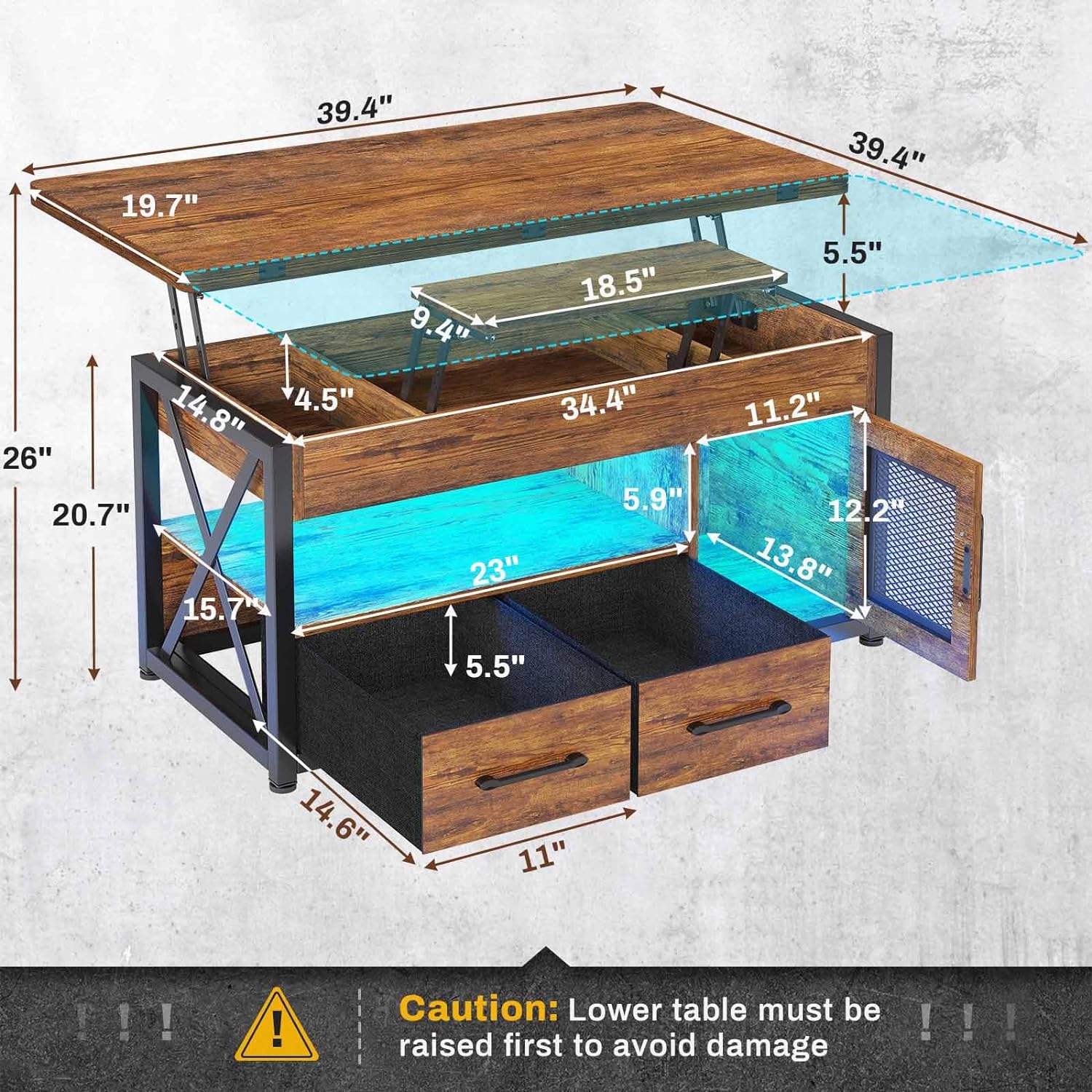 Rustic Brown 40" Lift Top Coffee Table with Storage Cabinet and 2 Fabric Drawers Y544