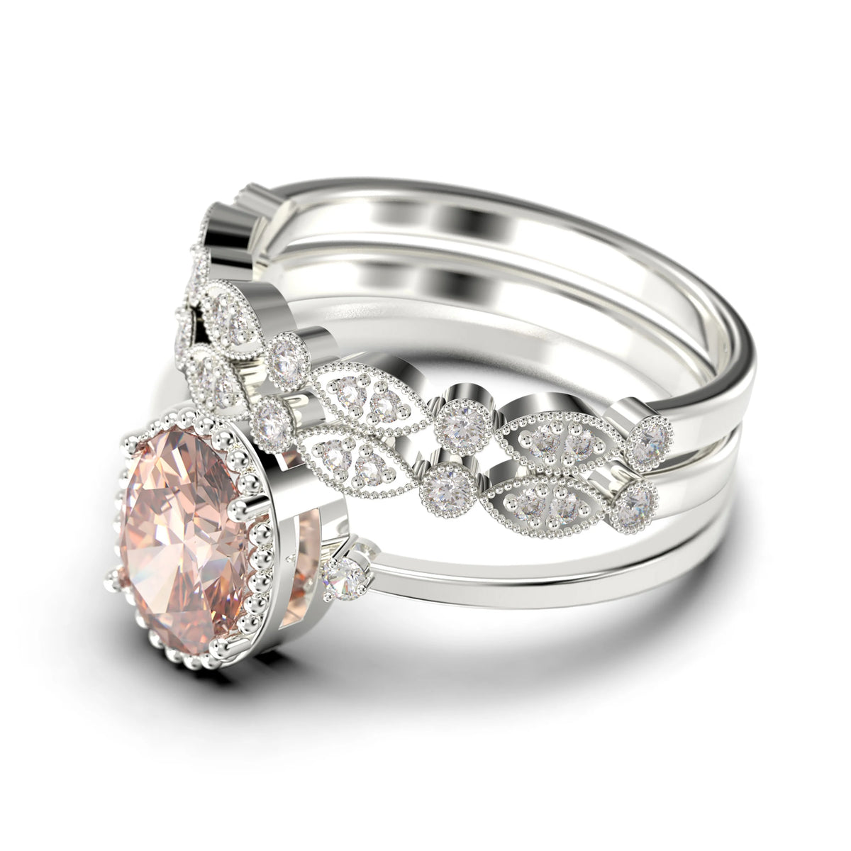 2.35 Carat Oval Cut Morganite And Diamond Moissanite Engagement Ring In 925 Sterling Silver With 18k White Gold Plating L6027