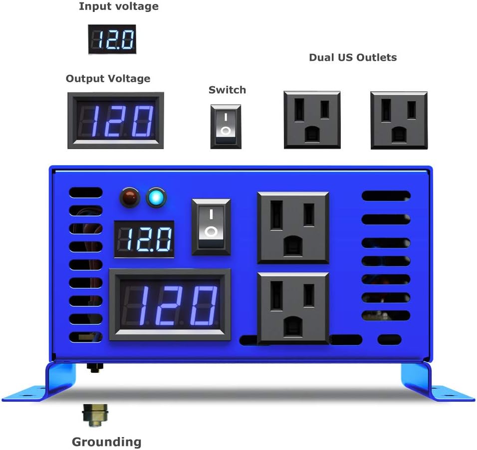 600W Pure Sine Wave Inverter 12v to 110v 120v dc to ac Dual US Plug R4471