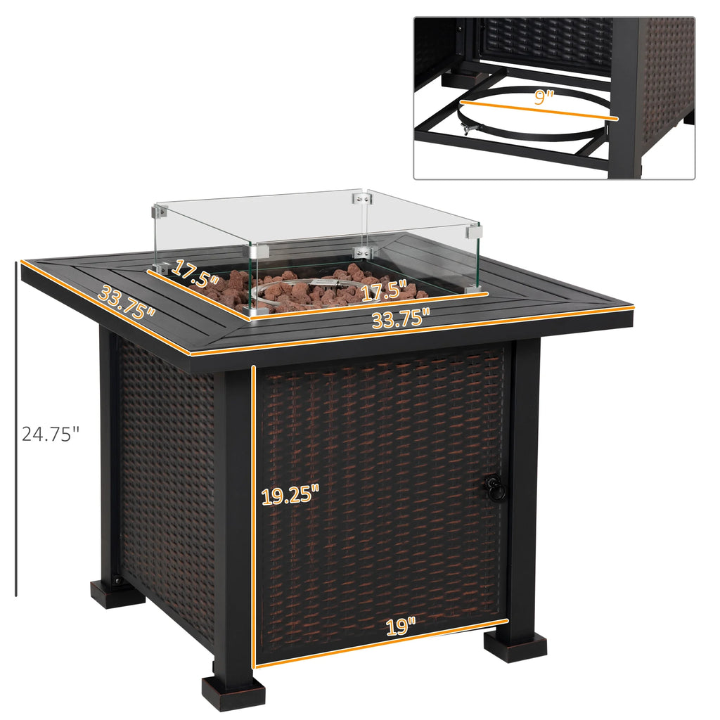34 Inch Outdoor Propane Gas Fire Pit Table with Glass Wind Guard, Lid, Lava Rocks, Steel Base R39670
