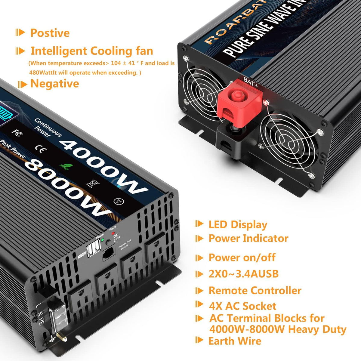 4000Watt 12V DC to AC 110V Power Inverter with Remote Control 4 AC Outlets Dual USB Port U7793