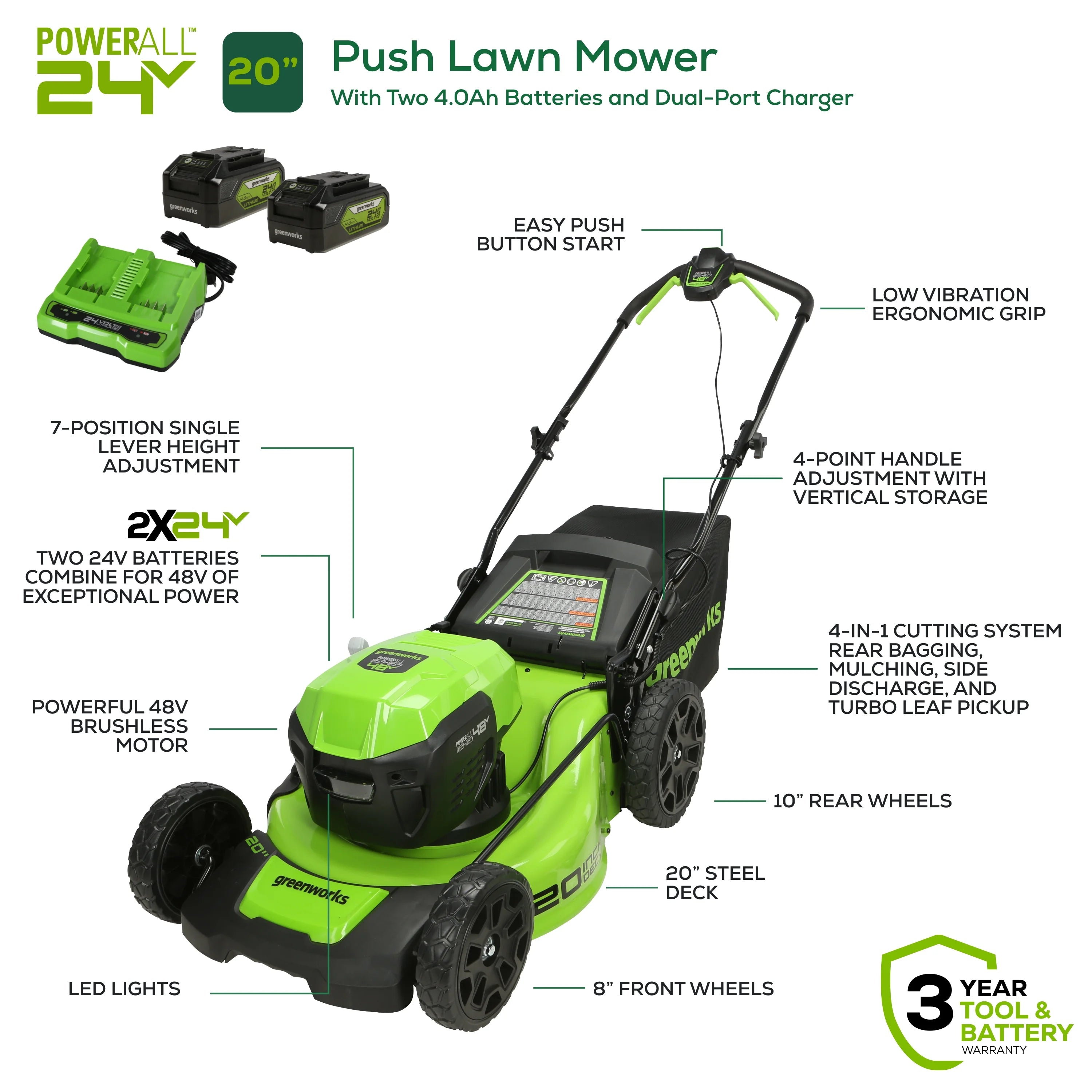 48V 20" Battery-Powered Lawn Mower with Two 4.0Ah Batteries & Charger V362