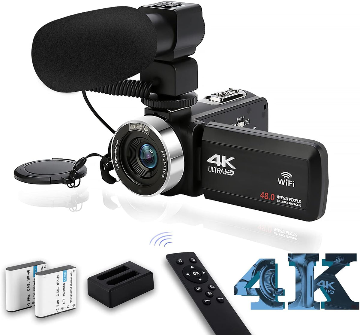 4K 48MP 60FPS Touch Screen Vlogging Camera with 18X Digital Zoom, Mic, 2 Batteries W622