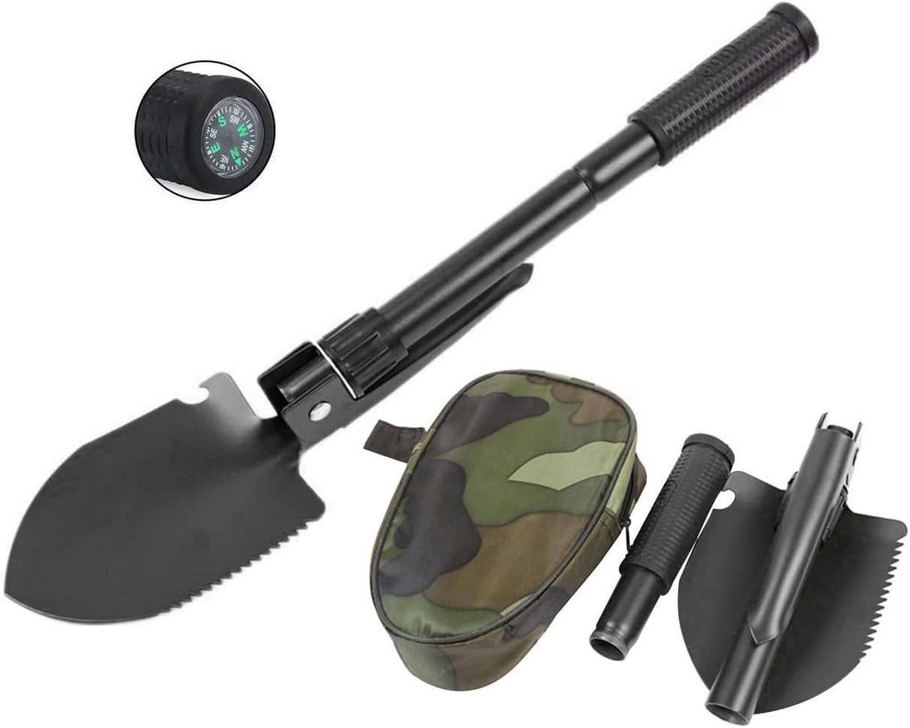 Black Folding Camping Shovel with Carrying Pouch D848789