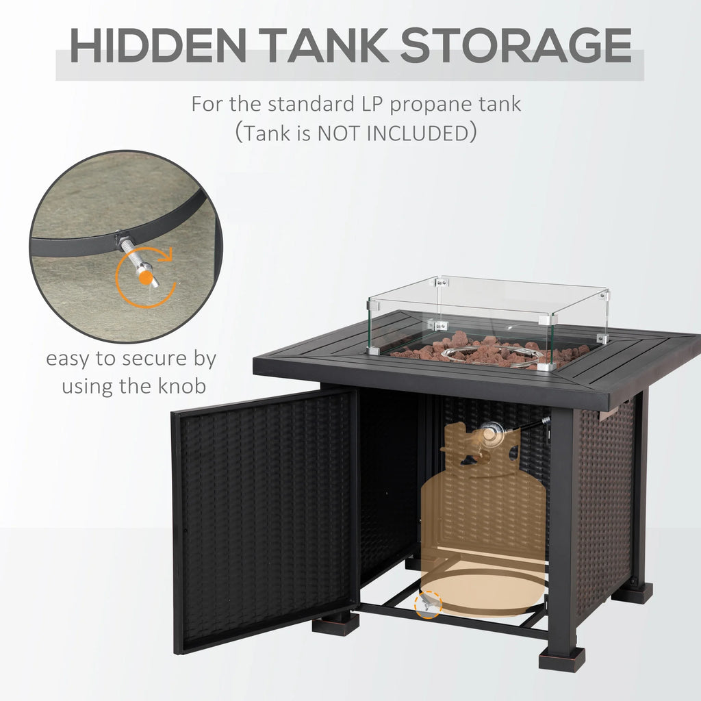 34 Inch Outdoor Propane Gas Fire Pit Table with Glass Wind Guard, Lid, Lava Rocks, Steel Base R39670