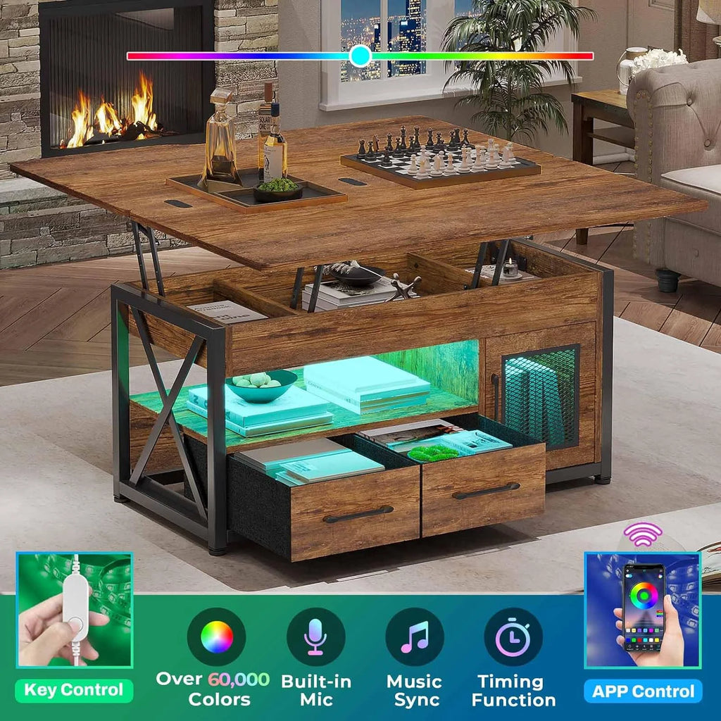 Rustic Brown 40" Lift Top Coffee Table with Storage Cabinet and 2 Fabric Drawers Y544