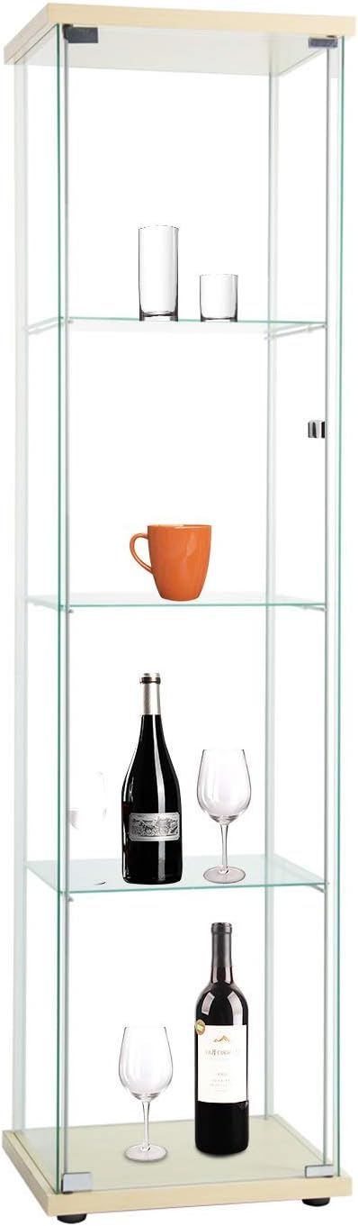 Curio Cabinet with Glass Doors 4 Shelves, Floor Standing Glass Bookshelf, 64 x 17 x 14.5, Nature Q2812