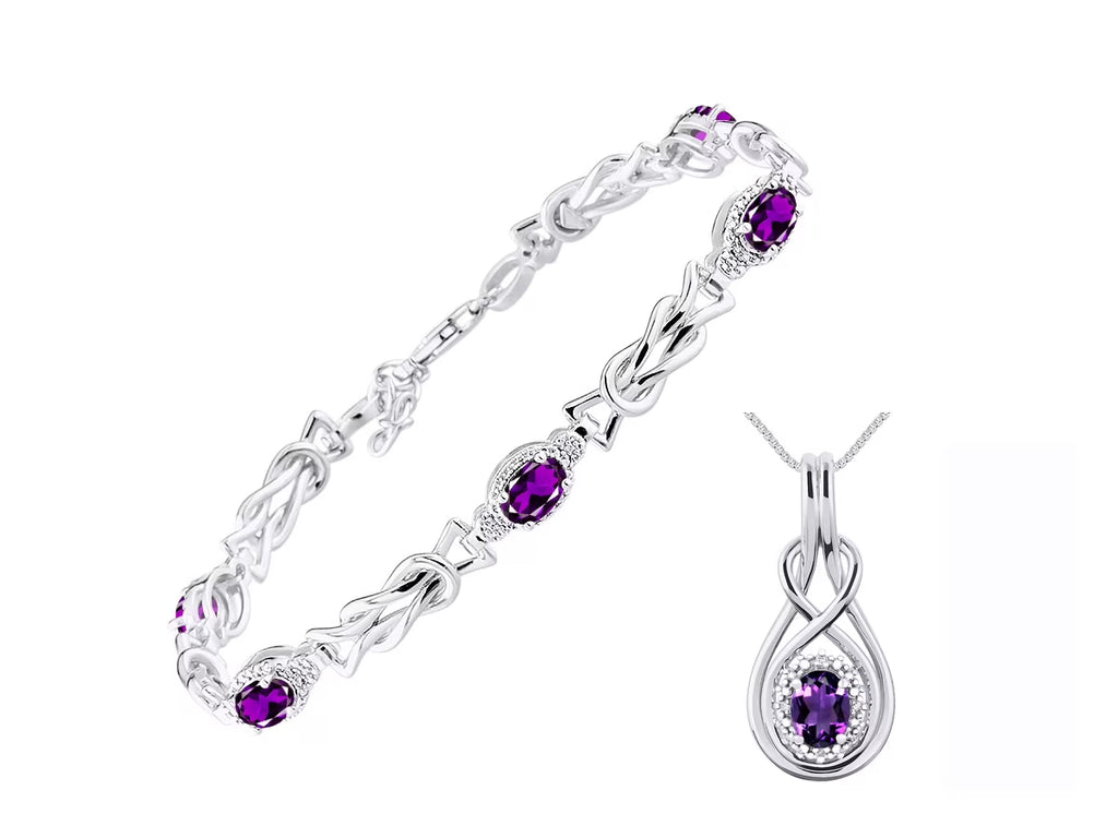 Sterling Silver Love Knot Tennis Bracelet & Pendant Necklace with Diamonds Adjustable 7"-8" Wrist & 18" Chain Amethyst G43254
