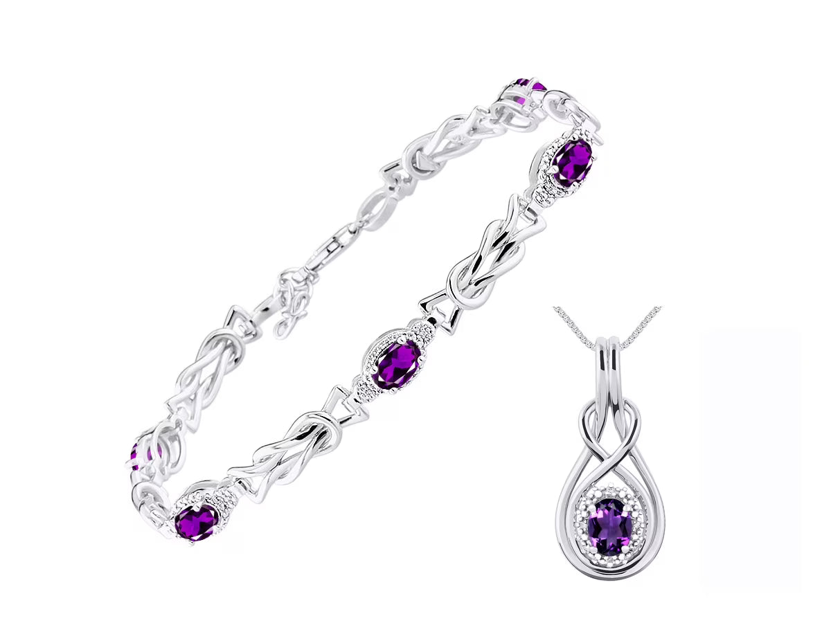 Sterling Silver Love Knot Tennis Bracelet & Pendant Necklace with Diamonds Adjustable 7"-8" Wrist & 18" Chain Amethyst G43254