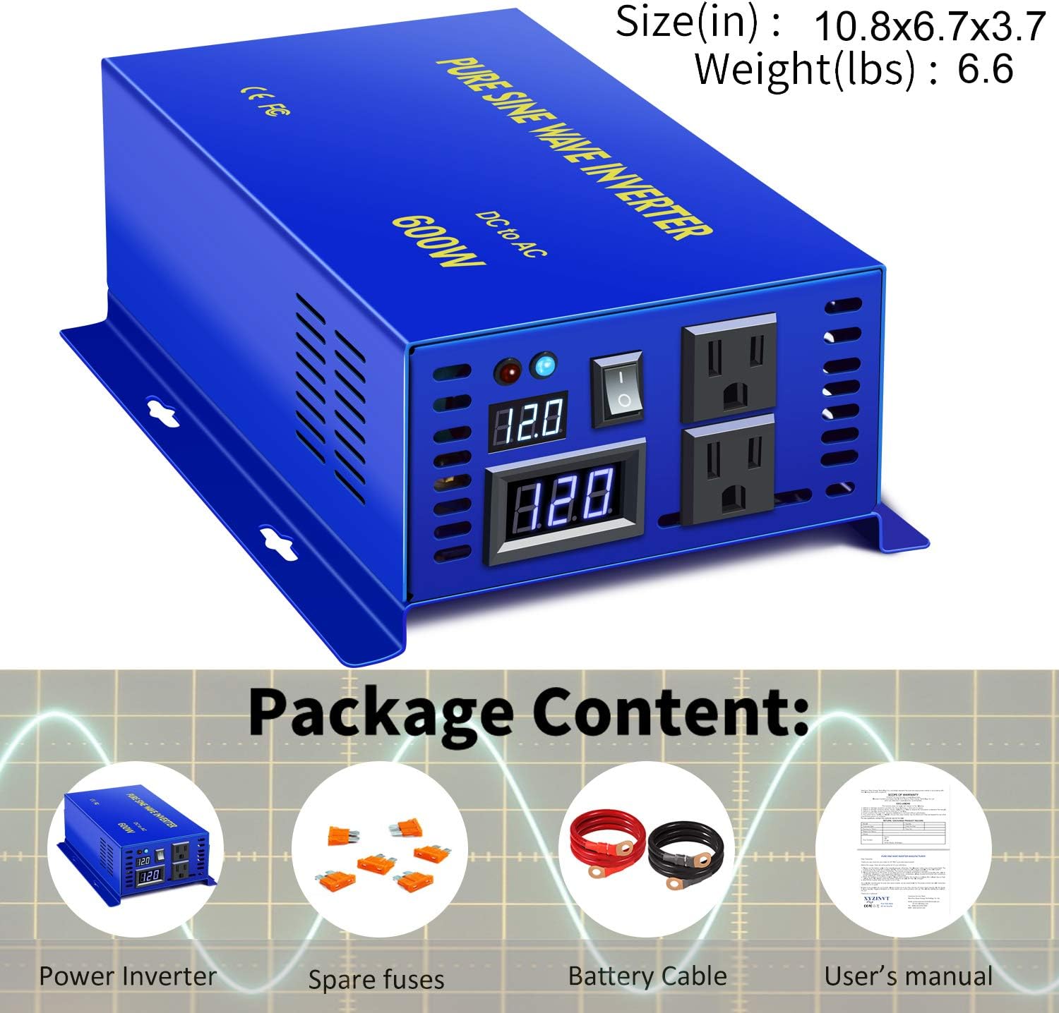 600W Pure Sine Wave Inverter 12v to 110v 120v dc to ac Dual US Plug R4471