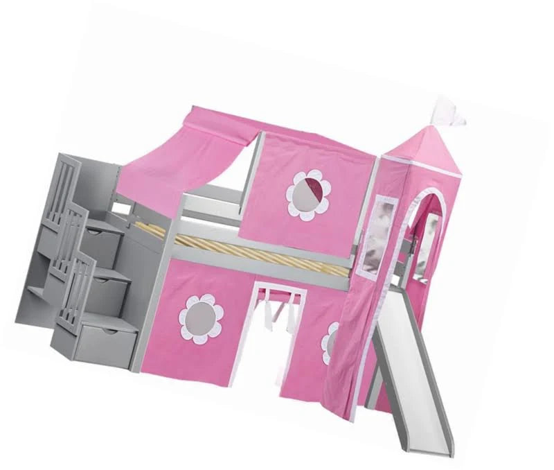 Pink & White Twin Loft Bed with Slide and Tent D535891
