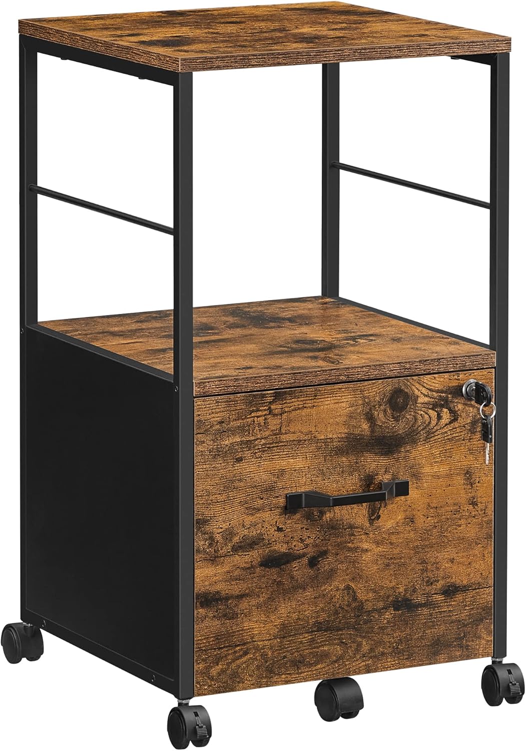 Rustic Brown and Black Rolling File Cabinet with Drawer and Lock Z331024