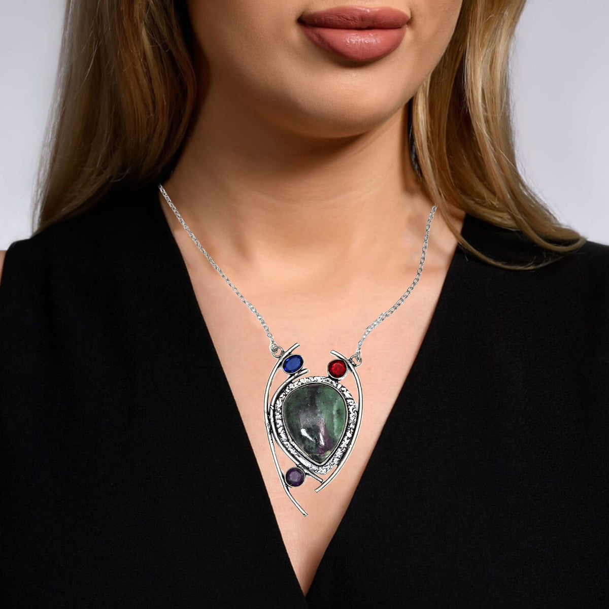 Ruby Zoisite 925 Silver Necklace 20 in F312