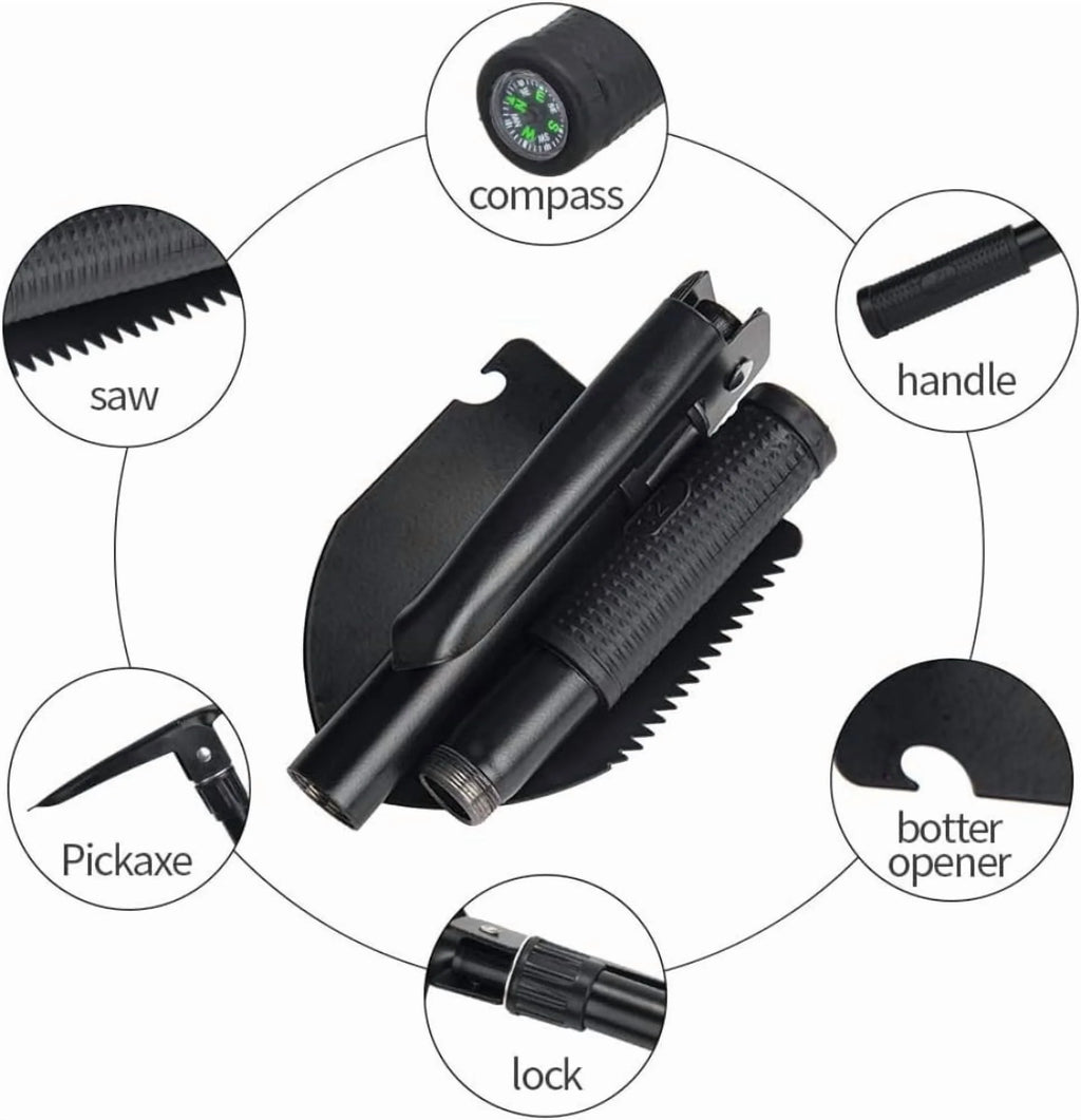 Black Folding Camping Shovel with Carrying Pouch D848789