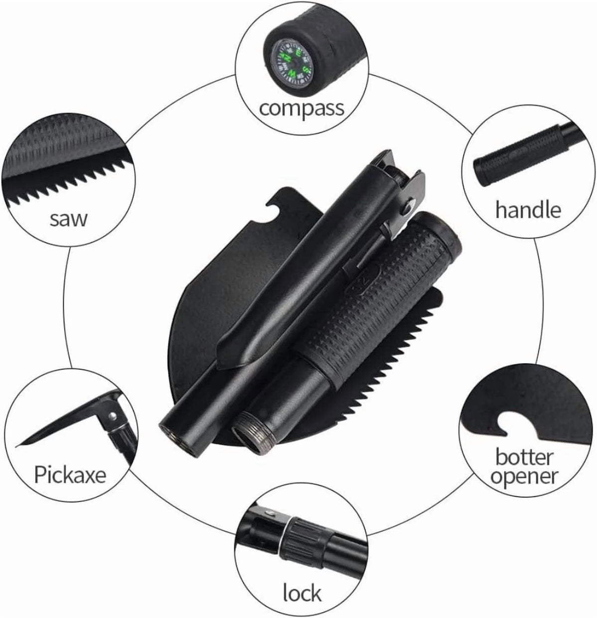 Black Folding Camping Shovel with Carrying Pouch D848789