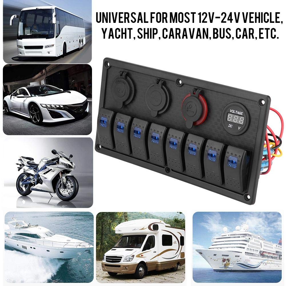 8 Gang Dual USB Voltmeter Cigarette Lighter Rocker Switch Control Panel E11593