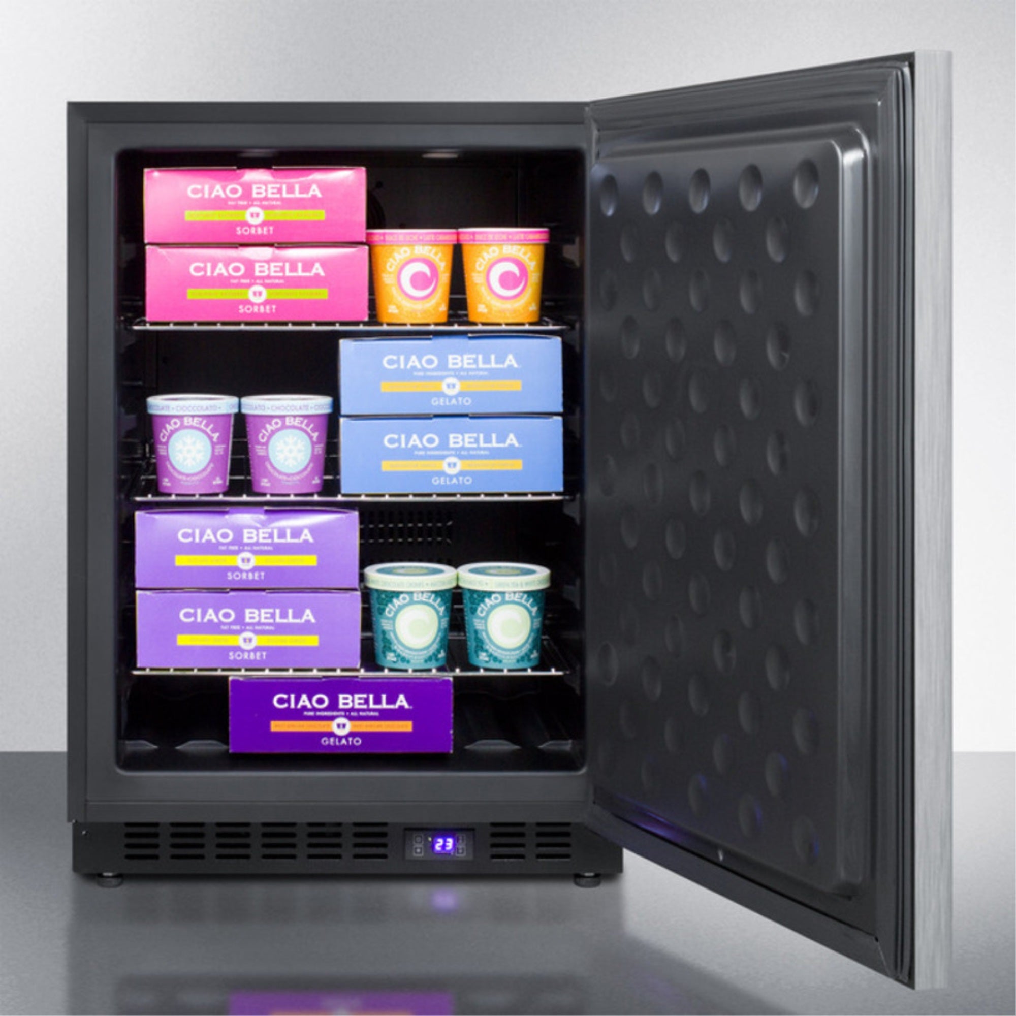 Frost-free built-in undercounter all-freezer with stainless steel door and black cabinet D1098