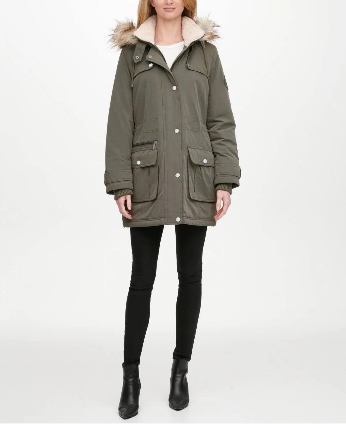 Olive Faux-Fur Trim Hooded Water-Resistant Anorak Coat J979