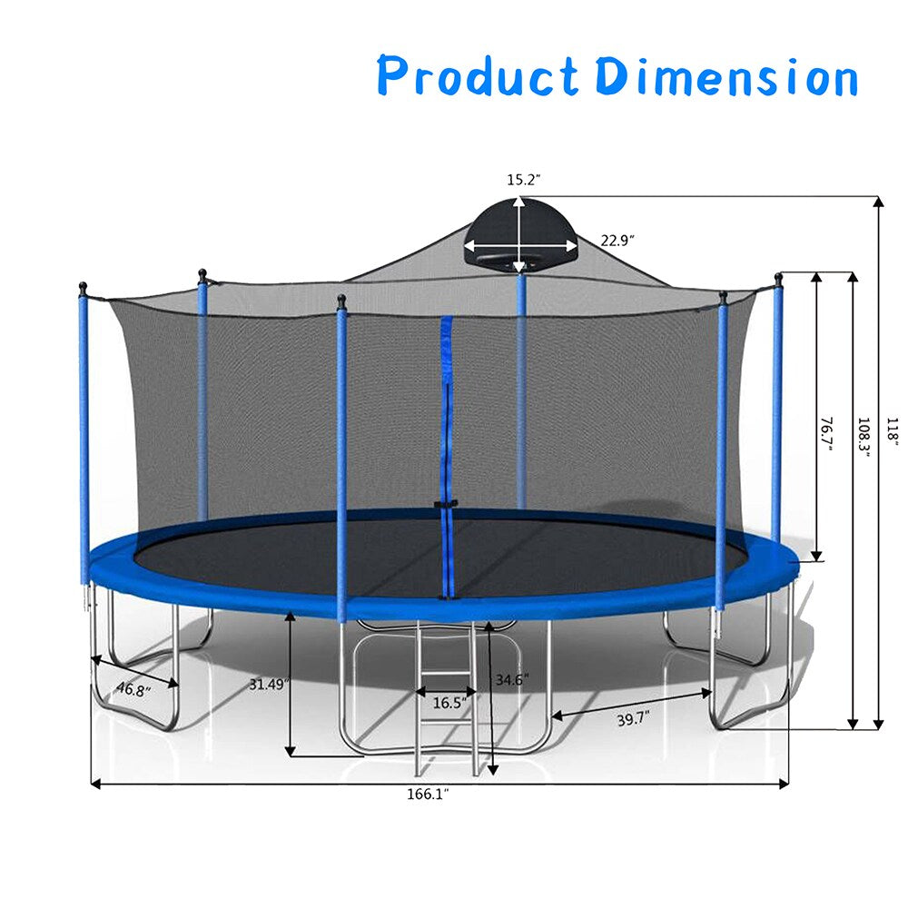 14FT Trampoline with Basketball Hoop, Safety Enclosure Net & Ladder, Blue P372189